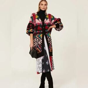 Farm Rio Crazy Mix Strawberry Colorful FLAW Fuzzy Long Cardigan Sweater Sz M